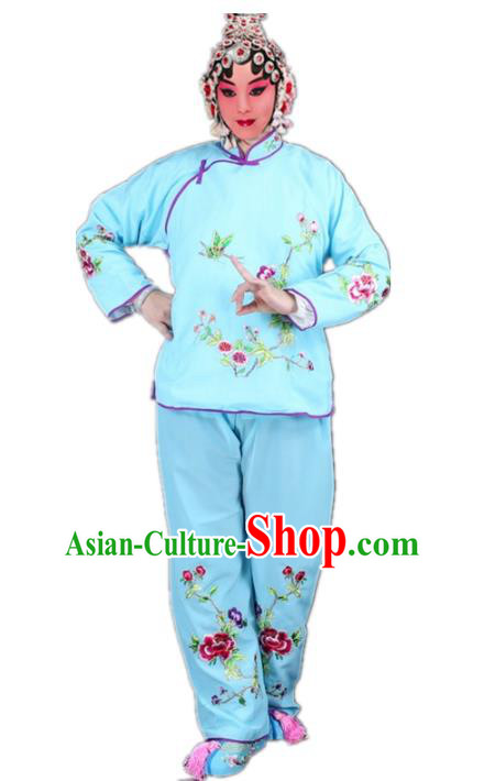 Traditional China Beijing Opera Young Lady Hua Tan Costume Maidservants Embroidered Blue Clothing, Ancient Chinese Peking Opera Diva Embroidery Dress Clothing