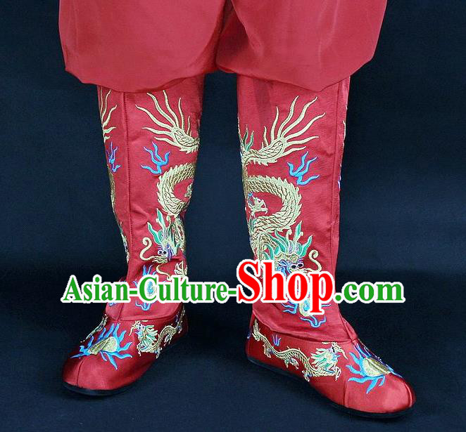 Traditional China Beijing Opera Qing Dynasty Emperor Embroidered Shoes, Ancient Chinese Peking Opera Embroidery Dragons Red Boots