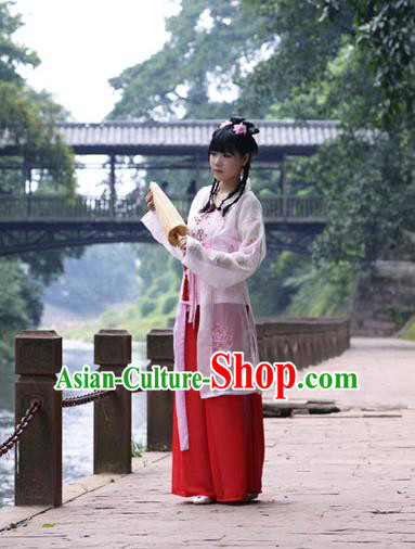 Traditional Chinese Song Dynasty Young Lady Costume Blouse and Pants, China Ancient Hanfu Dress Palace Princess Embroidery Clothing for Women