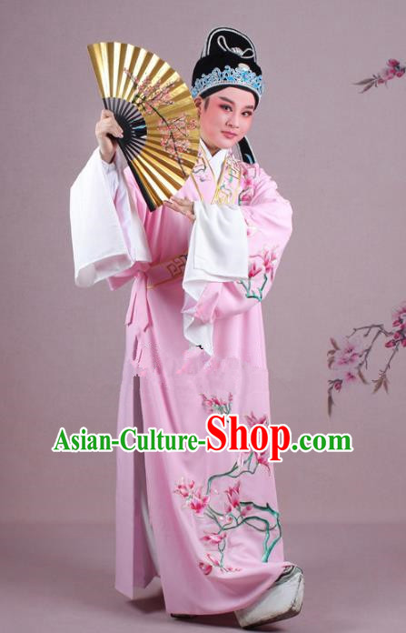 Traditional China Beijing Opera Niche Costume Gifted Scholar Pink Embroidered Robe and Hat, Ancient Chinese Peking Opera Young Men Embroidery Mangnolia Clothing