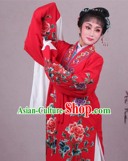 Top Grade Professional Beijing Opera Female Role Costume Imperial Concubine Red Embroidered Cape, Traditional Ancient Chinese Peking Opera Diva Embroidery Peony Clothing