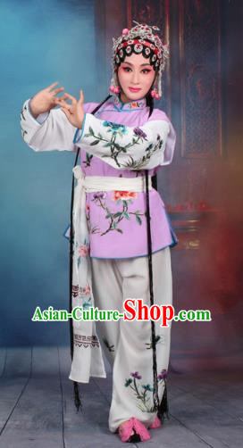 Top Grade Professional Beijing Opera Young Lady Costume Mui Tsai Purple Embroidered Vest Clothing, Traditional Ancient Chinese Peking Opera Maidservants Embroidery Clothing
