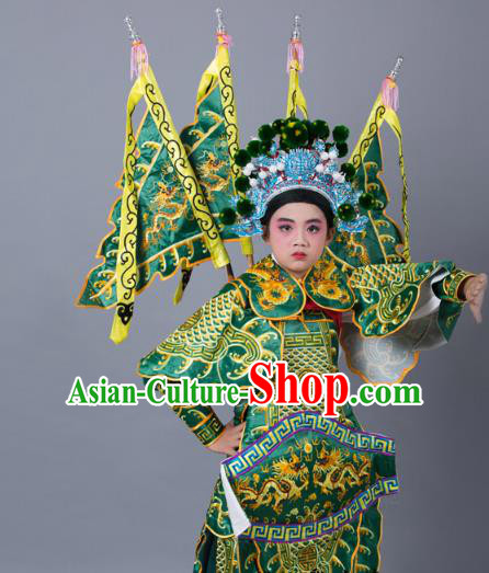 Traditional China Beijing Opera Takefu General Costume and Headwear Complete Set, Ancient Chinese Peking Opera Wu-Sheng Military Officer Embroidery Green Clothing for Kids