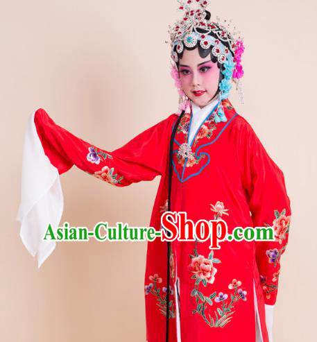 Top Grade Professional China Beijing Opera Costume Red Embroidered Cape, Ancient Chinese Peking Opera Diva Hua Tan Embroidery Dress Clothing for Kids