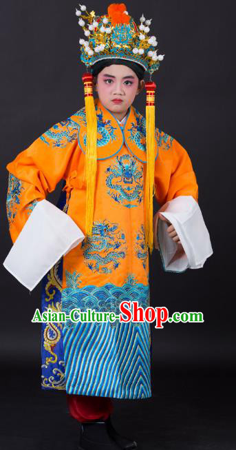 Traditional China Beijing Opera Costume Emperor Embroidered Yellow Robe and Headwear, Ancient Chinese Peking Opera Embroidery Dragon Gwanbok Clothing for Kids