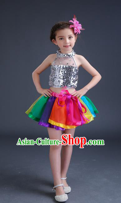 Top Grade Chinese Compere Professional Performance Catwalks Costume, Children Jazz Dance Paillette Dress Modern Dance Clothing for Girls Kids