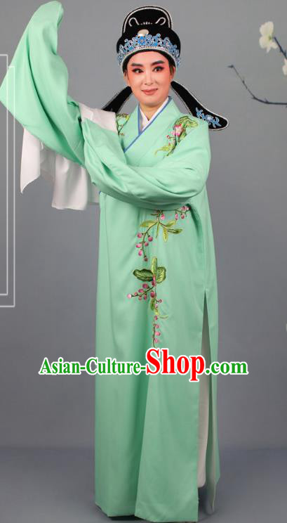 Top Grade Professional Beijing Opera Niche Costume Gifted Scholar Green Embroidered Robe and Headwear, Traditional Ancient Chinese Peking Opera Embroidery Peach Blossom Clothing