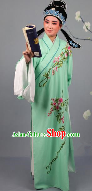 Top Grade Professional Beijing Opera Niche Costume Gifted Scholar Green Embroidered Robe and Headwear, Traditional Ancient Chinese Peking Opera Embroidery Roses Clothing