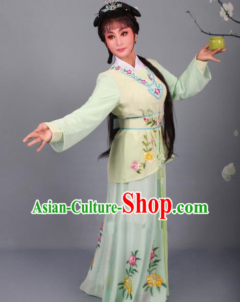 Top Grade Professional Beijing Opera Young Lady Costume Green Embroidered Dress, Traditional Ancient Chinese Peking Opera Maidservants Embroidery Clothing