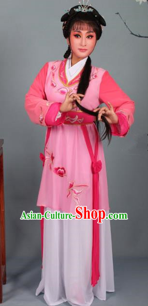Top Grade Professional Beijing Opera Young Lady Costume Pink Hua Tan Embroidered Dress, Traditional Ancient Chinese Peking Opera Maidservants Embroidery Clothing