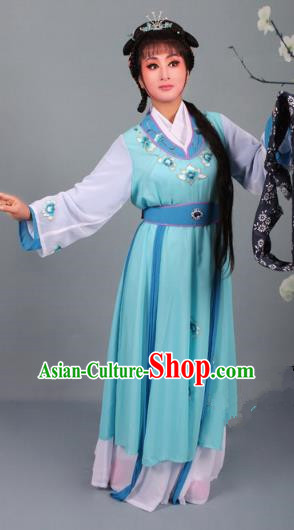Top Grade Professional Beijing Opera Young Lady Diva Costume Handmaiden Blue Embroidered Dress, Traditional Ancient Chinese Peking Opera Maidservants Embroidery Clothing