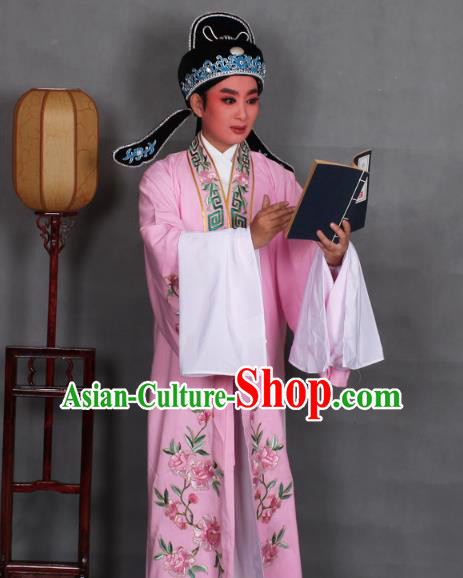 Top Grade Professional Beijing Opera Niche Costume Scholar Pink Embroidered Robe and Shoes, Traditional Ancient Chinese Peking Opera Young Men Embroidery Peony Cape Clothing