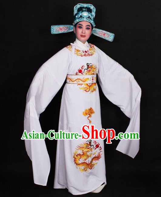Top Grade Professional Beijing Opera Niche Costume Lang Scholar White Embroidered Robe and Hat, Traditional Ancient Chinese Peking Opera Young Men Embroidery Dragons Clothing