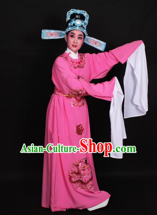Top Grade Professional Beijing Opera Niche Costume Lang Scholar Deep Pink Embroidered Robe and Hat, Traditional Ancient Chinese Peking Opera Young Men Embroidery Dragons Clothing