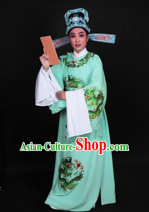 Top Grade Professional Beijing Opera Niche Costume Lang Scholar Green Embroidered Robe and Hat, Traditional Ancient Chinese Peking Opera Young Men Embroidery Dragons Clothing