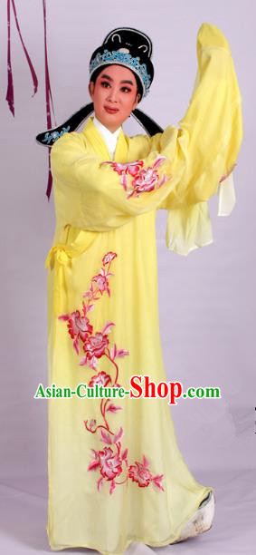 Top Grade Professional Beijing Opera Niche Costume Scholar Yellow Double-deck Embroidered Robe and Hat, Traditional Ancient Chinese Peking Opera Young Men Embroidery Clothing