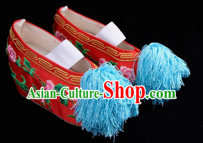 Top Grade Professional Beijing Opera Hua Tan Embroidered Red Shoes, Traditional Ancient Chinese Peking Opera Diva Princess Blood Stained Shoes