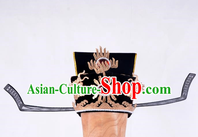 Top Grade Professional Beijing Opera Niche Costume Prime Minister Official Hat Headwear, Traditional Ancient Chinese Peking Opera Young Men Headpiece Black Gauze Cap