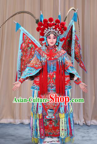 Traditional China Beijing Opera Female General Costume and Headwear Complete Set, Ancient Chinese Peking Opera Swordplay Military Officer Embroidery Red Clothing