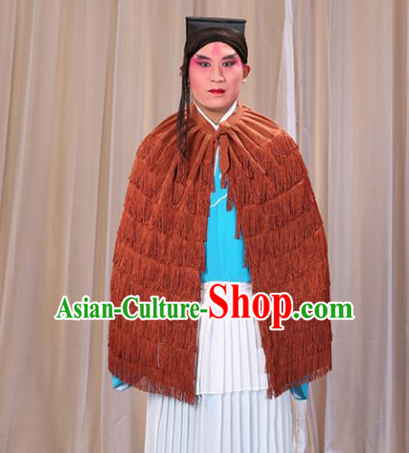 Traditional China Beijing Opera Master Keung Costume Brown Straw Rain Cape, Ancient Chinese Peking Opera Wu-Sheng Coir Raincoat Clothing