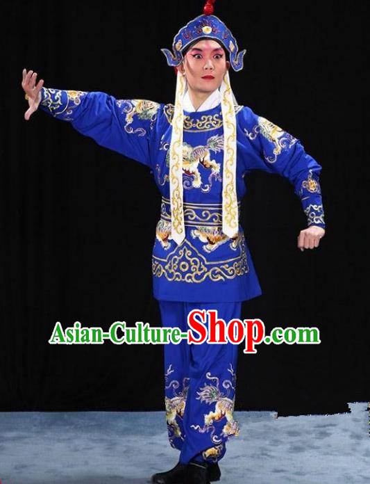 Traditional China Beijing Opera Takefu Costume and Boots, Ancient Chinese Peking Opera Wu-Sheng Warrior Embroidery Blue Clothing