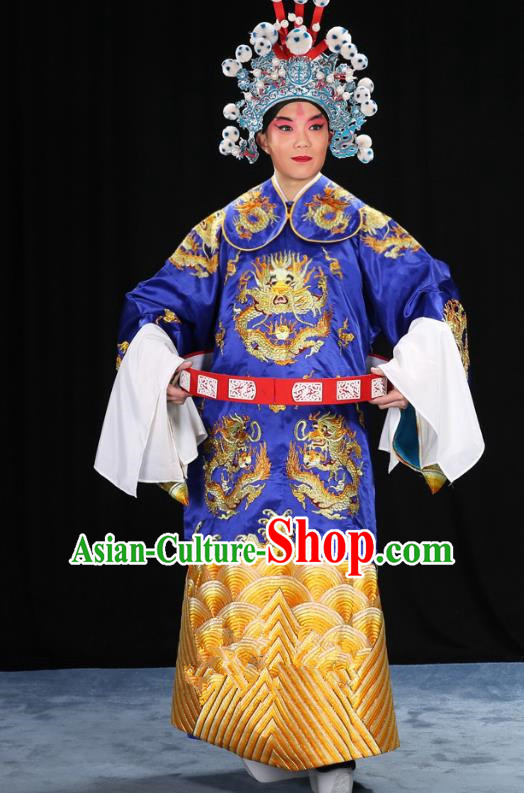 Top Grade Professional Beijing Opera Emperor Costume Royalblue Embroidered Robe and Shoes, Traditional Ancient Chinese Peking Opera Royal Highness Gwanbok Clothing