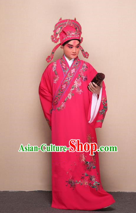Top Grade Professional Beijing Opera Niche Costume Gifted Scholar Peach Pink Embroidered Chrysanthemum Robe, Traditional Ancient Chinese Peking Opera Embroidery Clothing