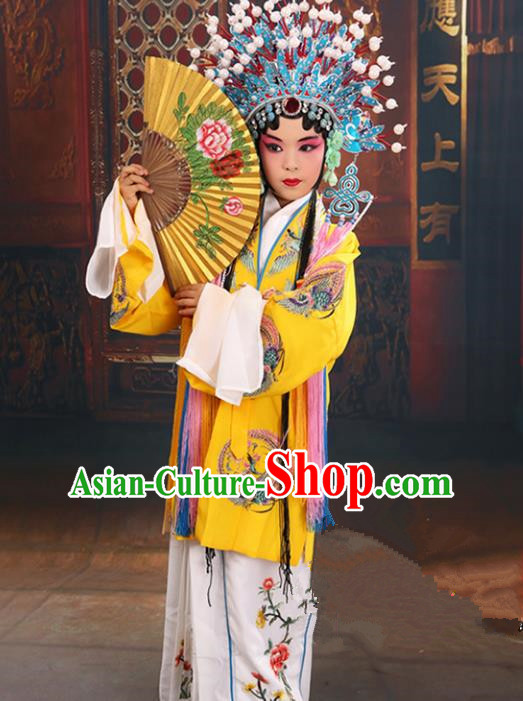 Top Grade Professional China Beijing Opera Costume Embroidered Yellow Cape and Phoenix Coronet, Ancient Chinese Peking Opera Diva Hua Tan Embroidery Clothing for Kids