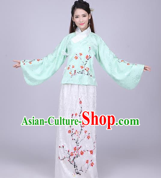 Traditional Ancient Chinese Ming Dynasty Imperial Princess Costume Green Blouse and White Skirt, Elegant Hanfu Chinese Ancient Young Lady Sleeve Placket Embroidered Clothing for Women