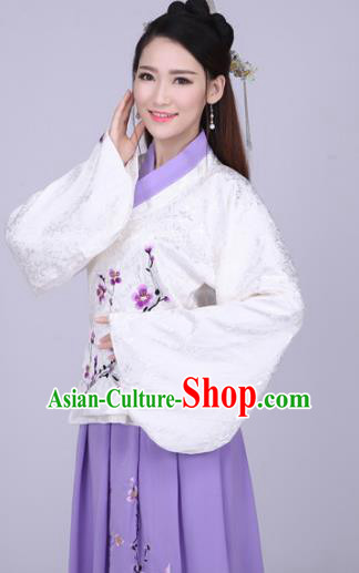 Traditional Ancient Chinese Ming Dynasty Imperial Princess Costume White Blouse and Purple Skirt, Elegant Hanfu Chinese Ancient Young Lady Embroidered Peach Blossom Clothing for Women