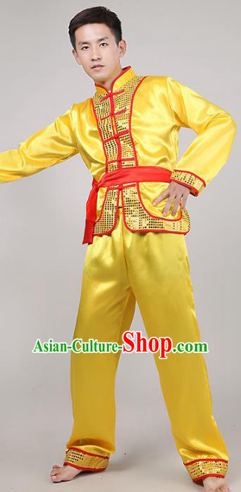 Traditional Chinese Classical Dance Yangge Fan Dance Costume, Folk Dance Drum Dance Uniform Yangko Yellow Clothing Complete Set for Men
