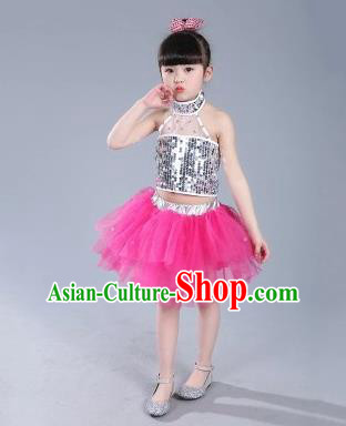 Top Grade Chinese Compere Professional Performance Catwalks Costume, China Jazz Dance Modern Dance Rosy Veil Princess Dress for Kids