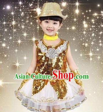 Top Grade Chinese Professional Performance Catwalks Costume, China Jazz Dance Modern Dance Golden Paillette Dress for Girls