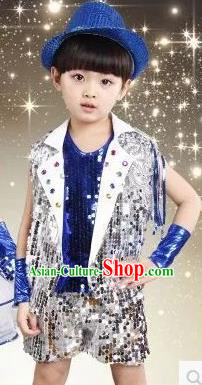 Top Grade Chinese Professional Performance Catwalks Costume, China Jazz Dance Modern Dance Blue Paillette Uniform for Kids