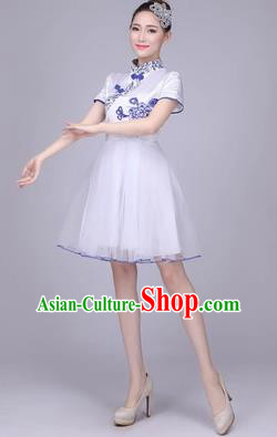 Traditional Chinese Classical Dance Cheongsam Costume, China Folk Dance White Veil Short Bubble Dress for Women