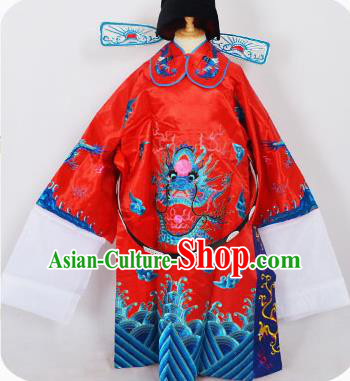 Traditional Chinese Professional Peking Opera Old Men Costume Red Embroidered Robe and Hat, China Beijing Opera Prime Minister Embroidery Robe Gwanbok Clothing