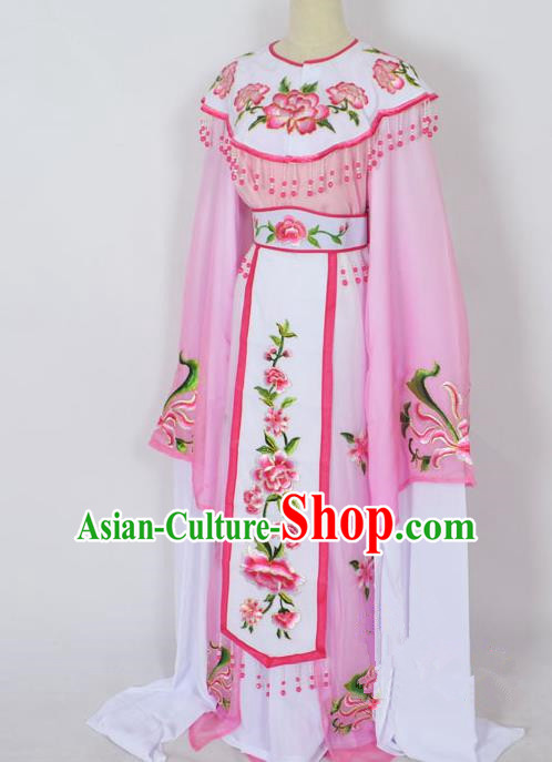 Traditional Chinese Professional Peking Opera Young Lady Princess Costume Pink Embroidery Peony Dress, China Beijing Opera Diva Hua Tan Embroidered Cloud Shoulder Clothing