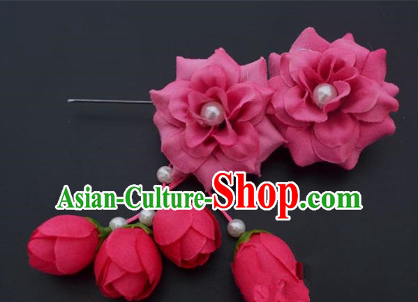 Traditional Handmade Chinese Classical Peking Opera Young Lady Hua Tan Hair Accessories Rosy Temples Flowers, China Beijing Opera Diva Princess Headwear Tassel Hairpins