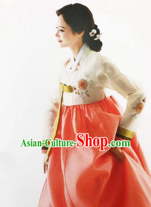 Traditional Korean Handmade Embroidery Bride Hanbok Orange Dress, Top Grade Korea Hanbok Wedding Costume for Women