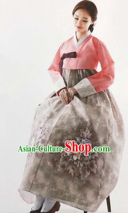 Traditional Korean Handmade Embroidery Bride Hanbok Grey Dress, Top Grade Korea Hanbok Wedding Costume for Women