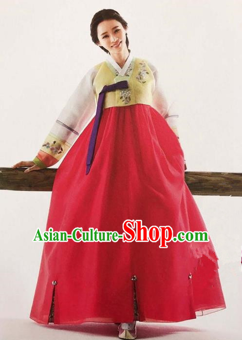 Traditional Korean Handmade Embroidery Bride Hanbok Red Full Dress, Top Grade Korea Hanbok Wedding Costume Complete Set for Women