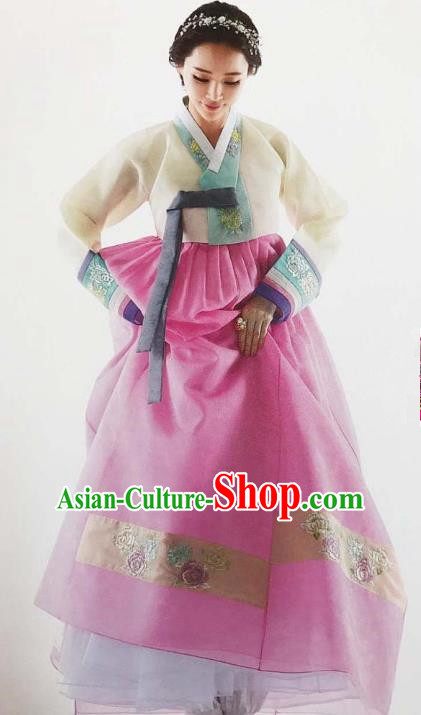 Traditional South Korean Handmade Embroidery Bride Hanbok Pink Full Dress, Top Grade Korea Hanbok Wedding Costume Complete Set for Women