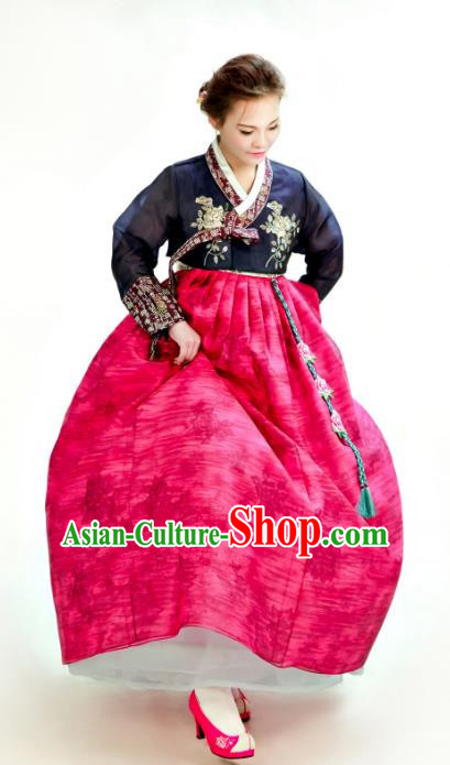 Traditional South Korean Handmade Hanbok Customization Bride Clothing Embroidery Blouse Printing Dress, Top Grade Korea Wedding Royal Hanbok Costume for Women