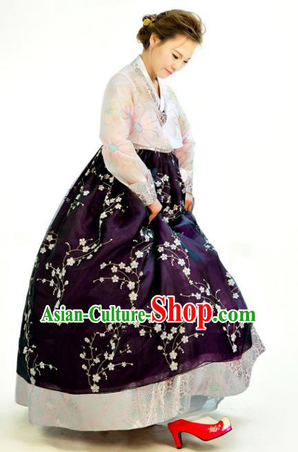 Traditional South Korean Handmade Hanbok Customization Mother Clothing Embroidery Blouse Purple Dress, Top Grade Korea Wedding Royal Hanbok Costume for Women