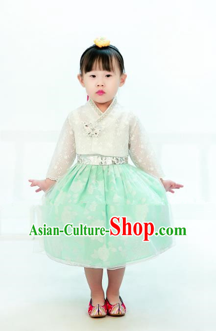 Traditional South Korean Handmade Hanbok Children Embroidery Birthday Green Dress, Top Grade Korea Hanbok Costume Complete Set for Kids
