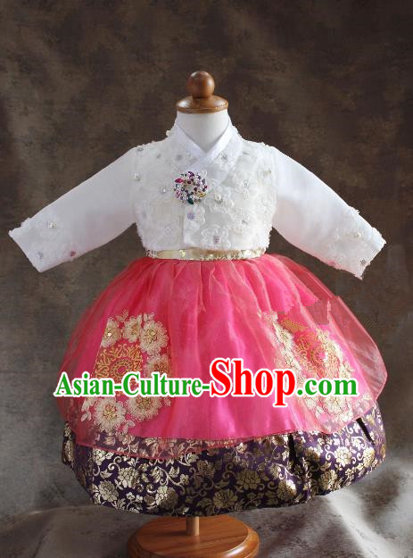 Traditional South Korean Handmade Hanbok Children Little Princess Birthday Customization Embroidery Clothing Complete Set, Top Grade Korea Royal Hanbok Costume for Kids