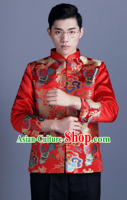 Ancient Chinese Costume Chinese Style Wedding Dress Ancient Embroidery Dragon and Phoenix Shirt, Groom Toast Clothing Mandarin Jacket For Men