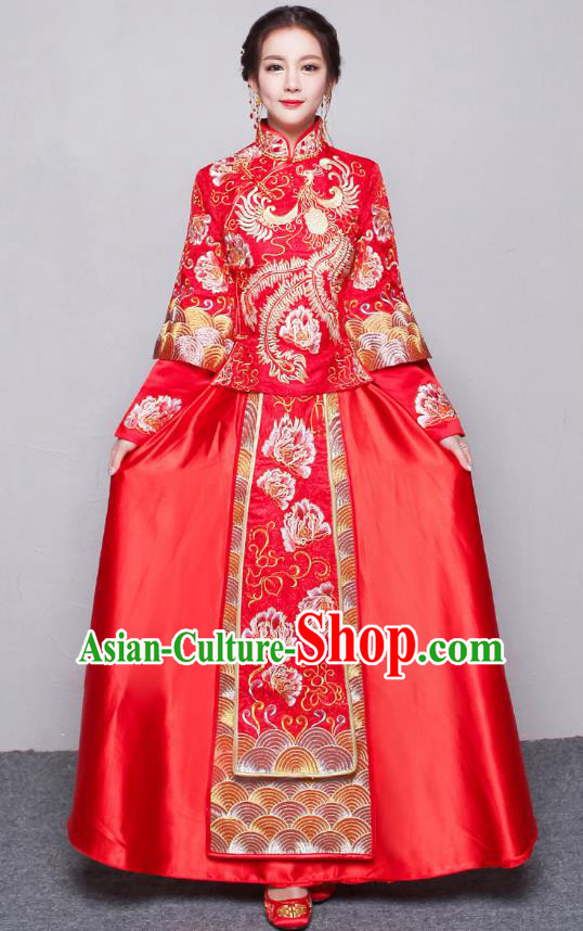 Traditional Ancient Chinese Wedding Costume Embroidery Peony Xiuhe Suits, Chinese Style Wedding Dress Red Dragon and Phoenix Flown Bride Toast Cheongsam for Women