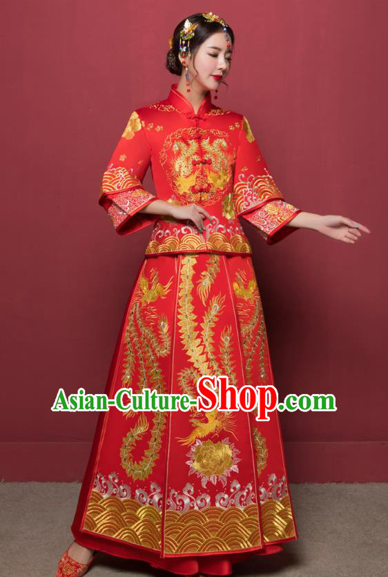 Traditional Ancient Chinese Wedding Costume Handmade Embroidery Peony Veil  Short Sleeve Xiuhe Suits, Chinese Style Wedding Dress Red Embroidery Dragon  and Phoenix Flown Bride Toast Cheongsam for Women