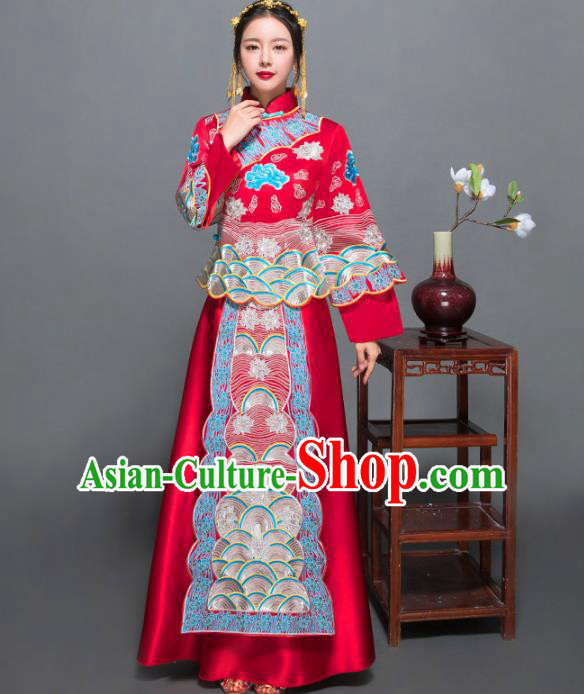 Traditional Ancient Chinese Wedding Costume Handmade XiuHe Suits Blue Embroidery Peony Dress Bride Toast Cheongsam, Chinese Style Hanfu Wedding Clothing for Women